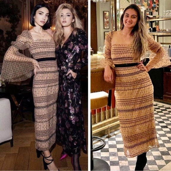 Self-Portrait Shirred Polka Dot Mesh Tulle Cocktail Bodycon Midi Dress size 2 - Picture 5 of 16